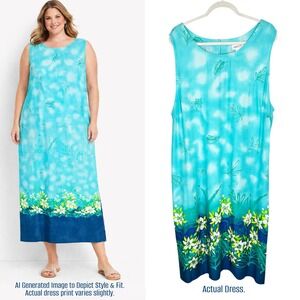 Coldwater Creek Sleeveless Maxi Dress Plus Size 3X 3XL Blue Green Floral Boho‎
